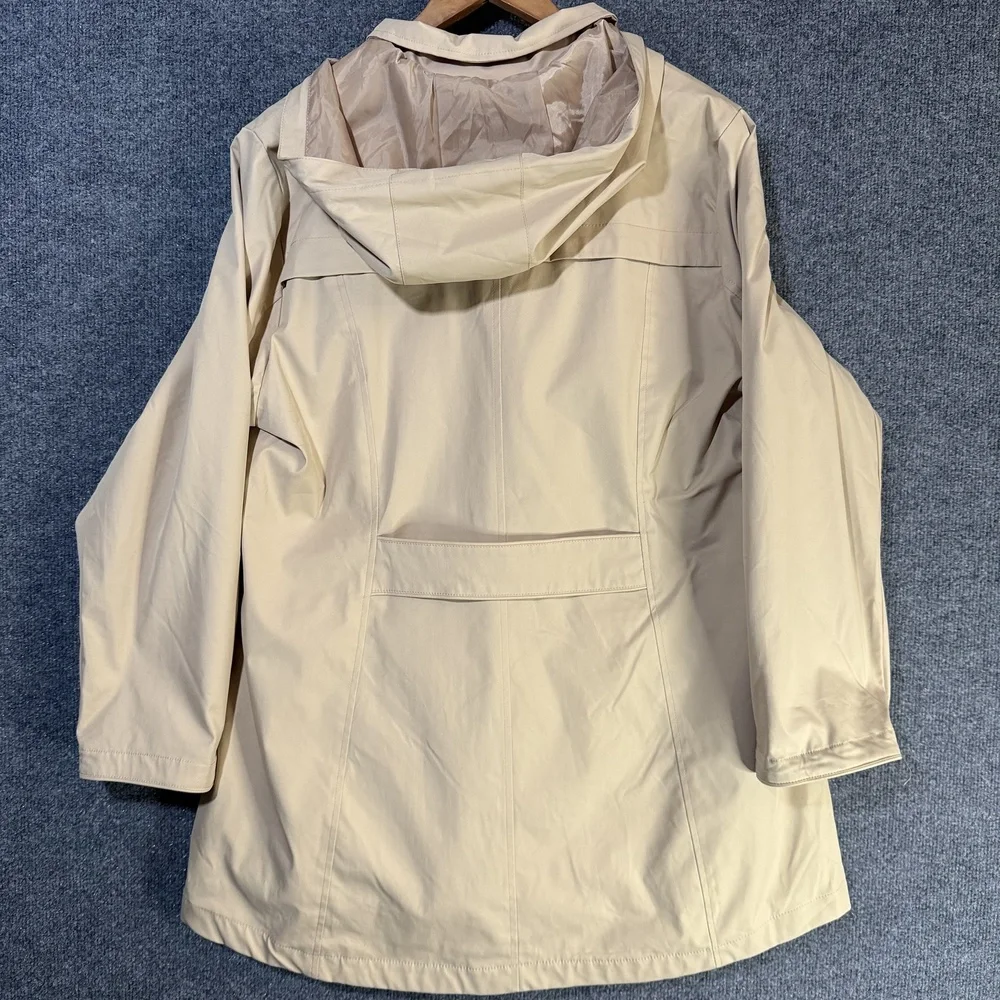 Lands End Raincoat Womens Large Hooded Zip Snap Front Mid Length Jacket Beige - Picture 8 of 15